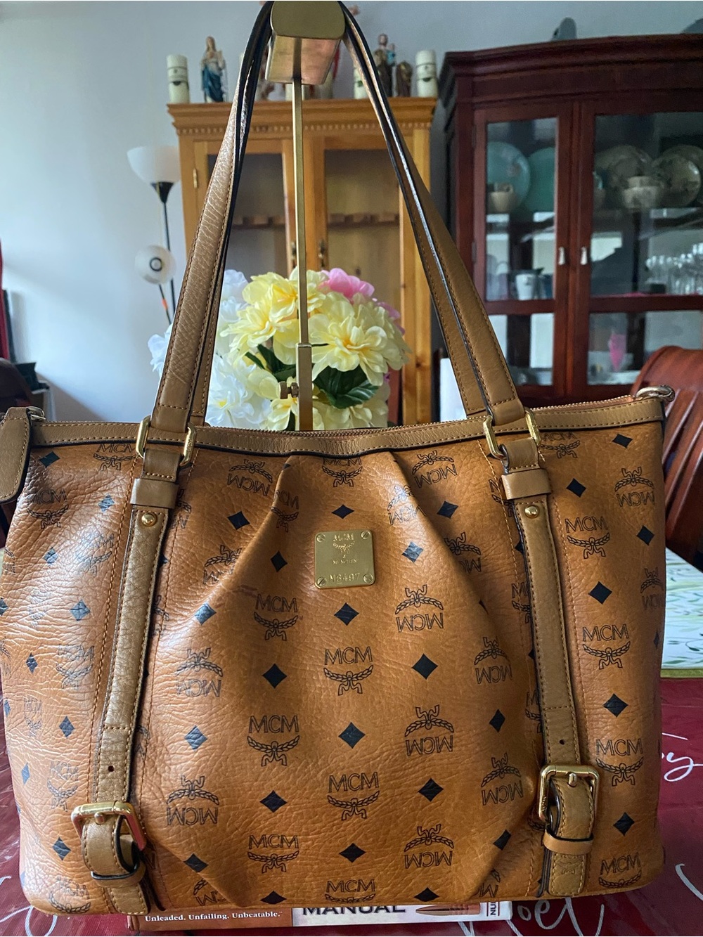 MCM Cognac Visetos Coated Canvas Shoulder Bag with Black Print